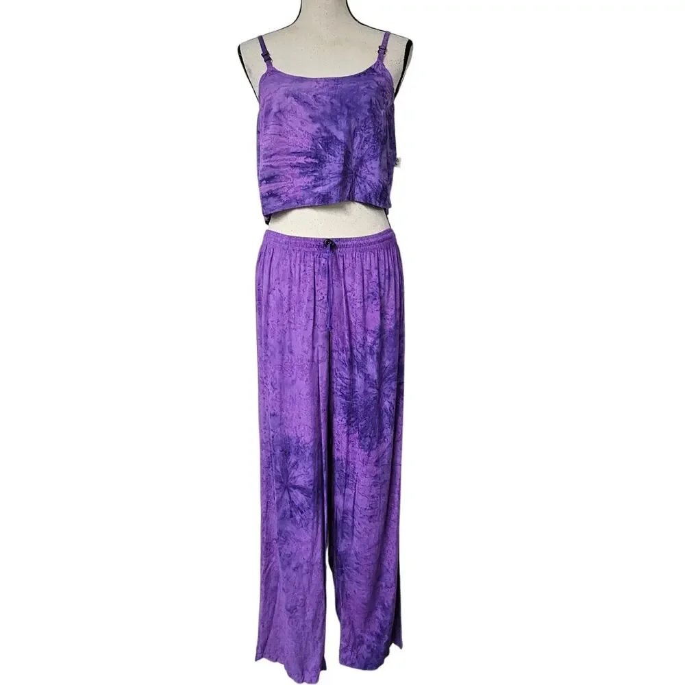 VTG ULUWatu of Bali Purple Tie Dye Crop Top Pants Set Sz Small Boho Hippie Beach